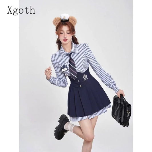 CITSLX Xgoth Chic Women's Skirt Set Striped Long Sleeve Lapel Casual Shirts Tops A-line Mini Skirts Hot Girls Preppy Female Outfits