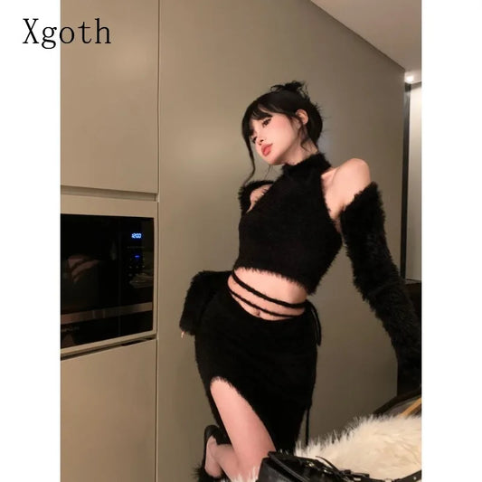 CITSLX Xgoth Spring Skirt Set Halter Solid Sleeveless Camis Long Sleeve Cape Tops Sweet Hot Girl Slim Fit Short Skirts Three Piece Sets