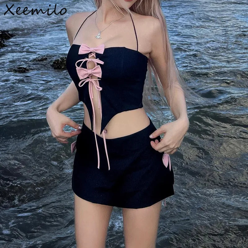 CITSLX Y2K Bow Tie Up Halter Tank Top With Side Split High-waist Party Skirt Summer Beachwear Holiday Elegant Women 2 Piece Set