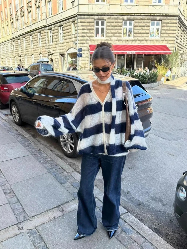 CITSLX Y2K Harajuku Aesthetic Women's Autumn Winter Striped Knitted Sweater Casual Loose Chic Fashion Cardigan Pullover 2024 Streetwear