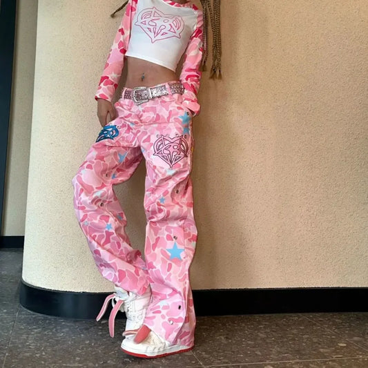 CITSLX Y2K Pink Heavy Industry Camouflage Embroidered Straight Jeans Female Design Sense Small Hip-hop Fried Street Wide-leg Pants