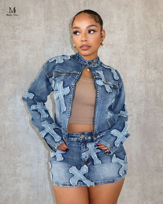 CITSLX Y2K Sexy Denim 2 Piece Skirt Set Women Outfits Embroidery Jacket Winter Spring Streetwear Fashion Slim Two Piece Matching Set