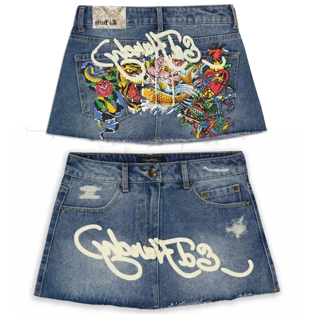 CITSLX Y2K Streetwear Skirt Harajuku Gothic Hip Hop Letter Print Retro Blue Denim Skirt Women Fashion Retro High Waist Slim Mini Skirt