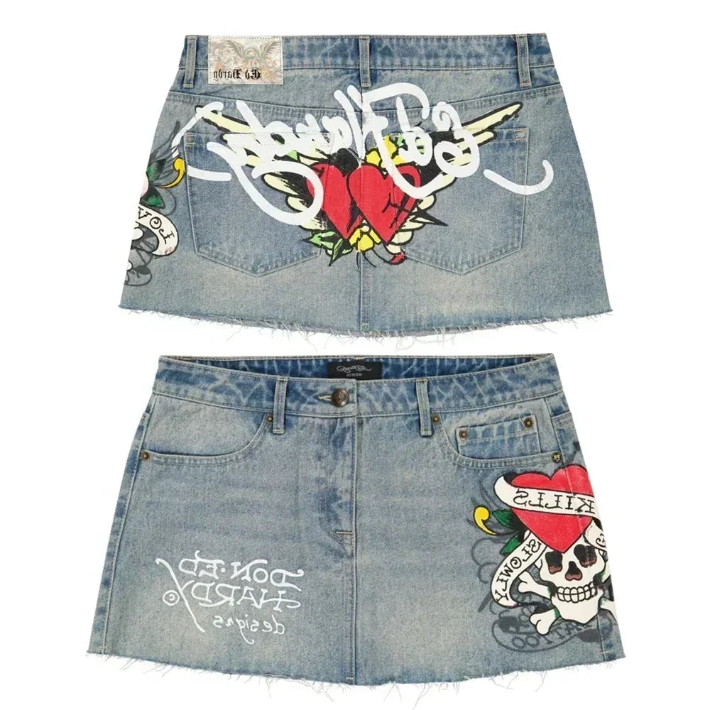 CITSLX Y2K Streetwear Skirt Harajuku Gothic Hip Hop Letter Print Retro Blue Denim Skirt Women Fashion Retro High Waist Slim Mini Skirt