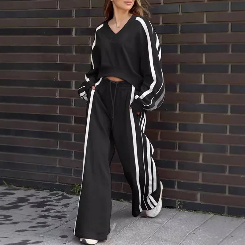 CITSLX Y2K Style Casual Sportswear Two Piece Set Women V Neck Sweatshirt Pullover & Long Pant Suit Outfit Winter Stripe Loose Tracksuit