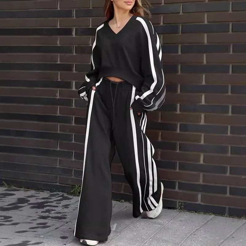 CITSLX Y2K Style Casual Sportswear Two Piece Set Women V Neck Sweatshirt Pullover & Long Pant Suit Outfit Winter Stripe Loose Tracksuit