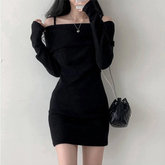 CITSLX Y2K Women Knitted Mini Dress Korean Sexy Off Shoulder Female Dress Spring New Spaghetti Strap Long Sleeve Ladies Vestidos