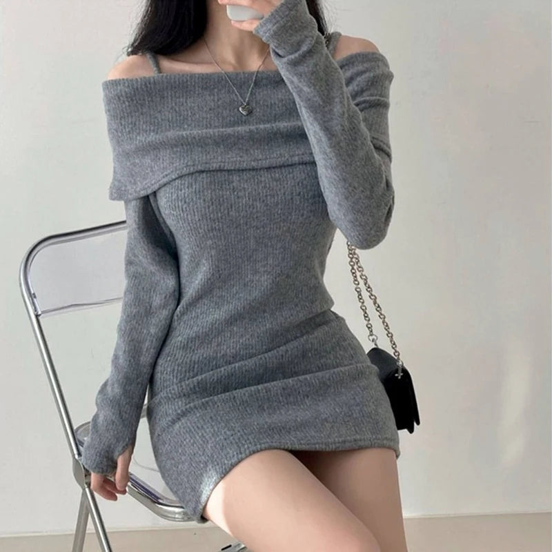 CITSLX Y2K Women Knitted Mini Dress Korean Sexy Off Shoulder Female Dress Spring New Spaghetti Strap Long Sleeve Ladies Vestidos