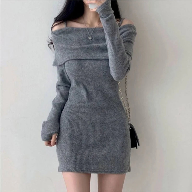 CITSLX Y2K Women Knitted Mini Dress Korean Sexy Off Shoulder Female Dress Spring New Spaghetti Strap Long Sleeve Ladies Vestidos