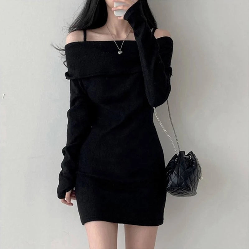 CITSLX Y2K Women Knitted Mini Dress Korean Sexy Off Shoulder Female Dress Spring New Spaghetti Strap Long Sleeve Ladies Vestidos