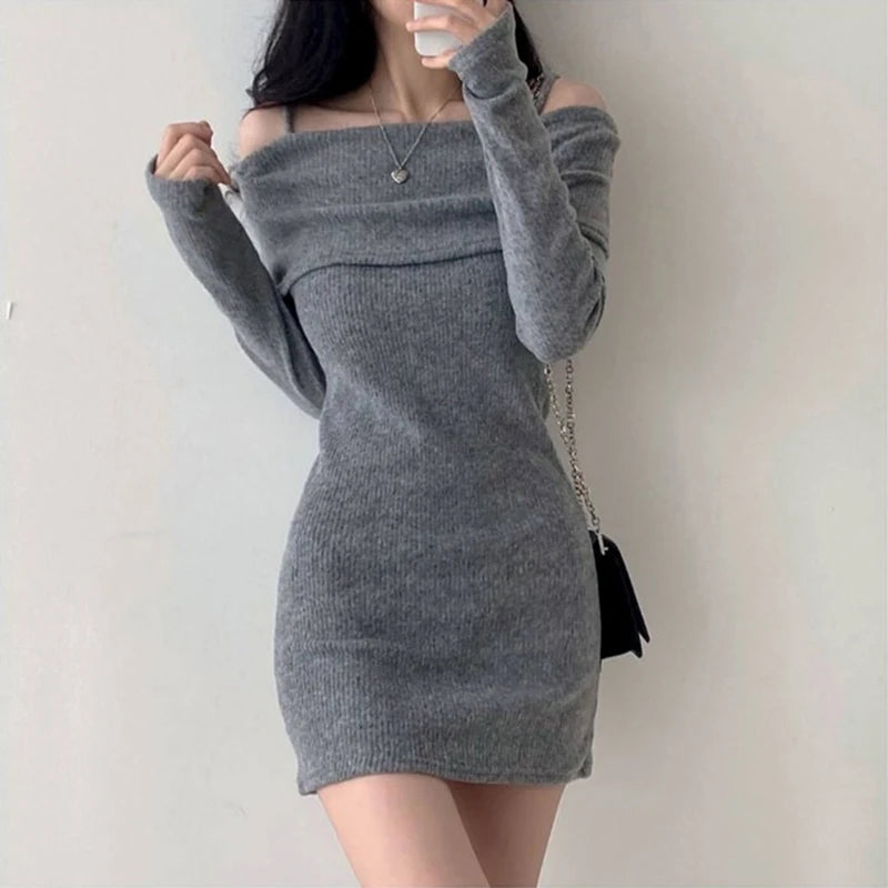 CITSLX Y2K Women Knitted Mini Dress Korean Sexy Off Shoulder Female Dress Spring New Spaghetti Strap Long Sleeve Ladies Vestidos