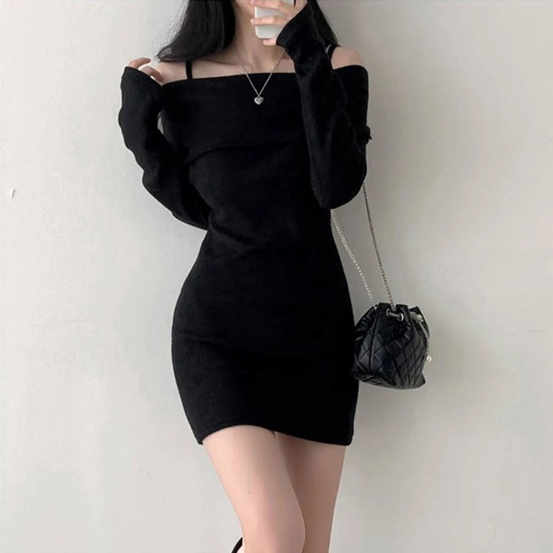 CITSLX Y2K Women Knitted Mini Dress Korean Sexy Off Shoulder Female Dress Spring New Spaghetti Strap Long Sleeve Ladies Vestidos