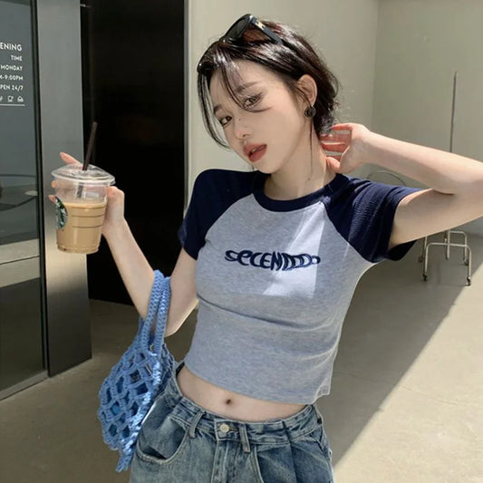 CITSLX Y2K Women T Shirt Patchwork Letter Slim Fit Crop Tops Streetwear Casual Korean Fashion Short Sleeve Tshirts Bae Female Tees