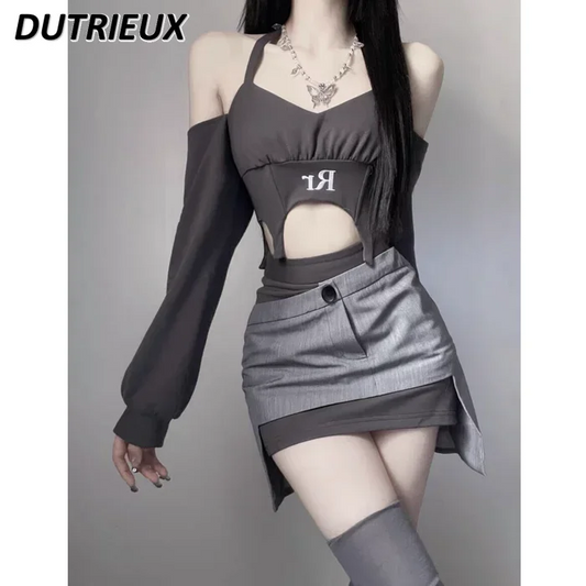 CITSLX Y2k Millennium Hot Girl Short Halter Off-the-Shoulder Top + Asymmetric Short Skirt Outfit Female Slimming Two-Piece Suit