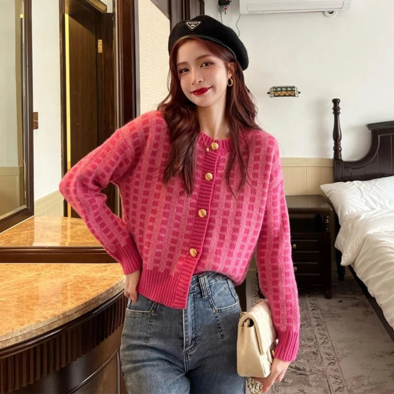 CITSLX Y2k Pink Women Cardigan Korean Sweet Plaid Long Sleeve Female Sweaters Harajuku New O Neck Preppy Style Ladies Tops