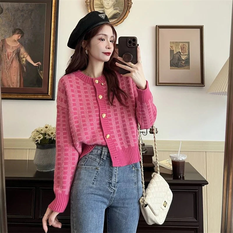 CITSLX Y2k Pink Women Cardigan Korean Sweet Plaid Long Sleeve Female Sweaters Harajuku New O Neck Preppy Style Ladies Tops