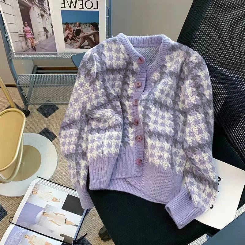 CITSLX Y2k Pink Women Cardigan Korean Sweet Plaid Long Sleeve Female Sweaters Harajuku New O Neck Preppy Style Ladies Tops