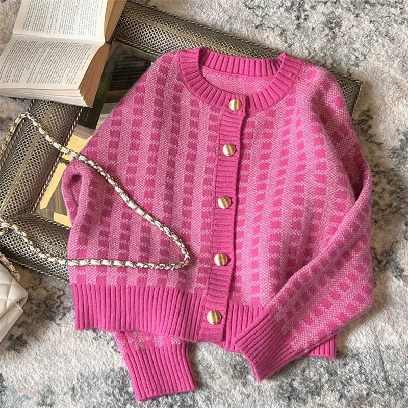 CITSLX Y2k Pink Women Cardigan Korean Sweet Plaid Long Sleeve Female Sweaters Harajuku New O Neck Preppy Style Ladies Tops