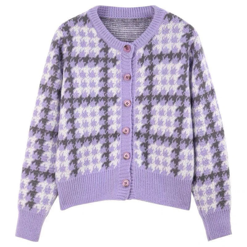 CITSLX Y2k Pink Women Cardigan Korean Sweet Plaid Long Sleeve Female Sweaters Harajuku New O Neck Preppy Style Ladies Tops