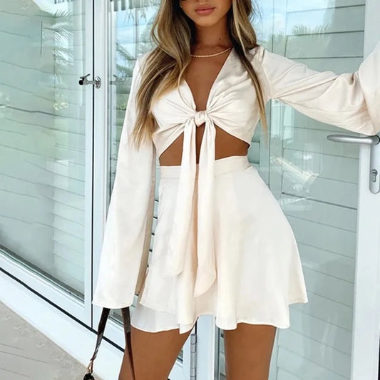 CITSLX Y2k Satin Two Piece Set Women Autumn White Lantern Long Sleeve Crop Cardigan Tops Elegant  Suits Lace Up Wrap Sexy Mini Skirts