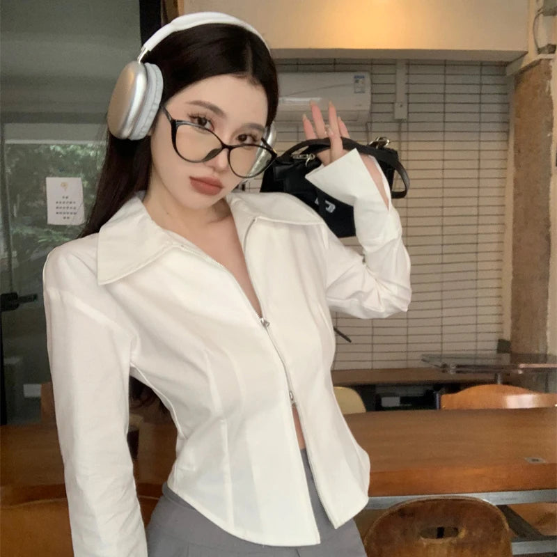 CITSLX Y2k Zippers Women Shirts Korean Sweet White Slim Long Sleeve Female Blouse Autumn New Chic Office All Match Ladies Crop Tops