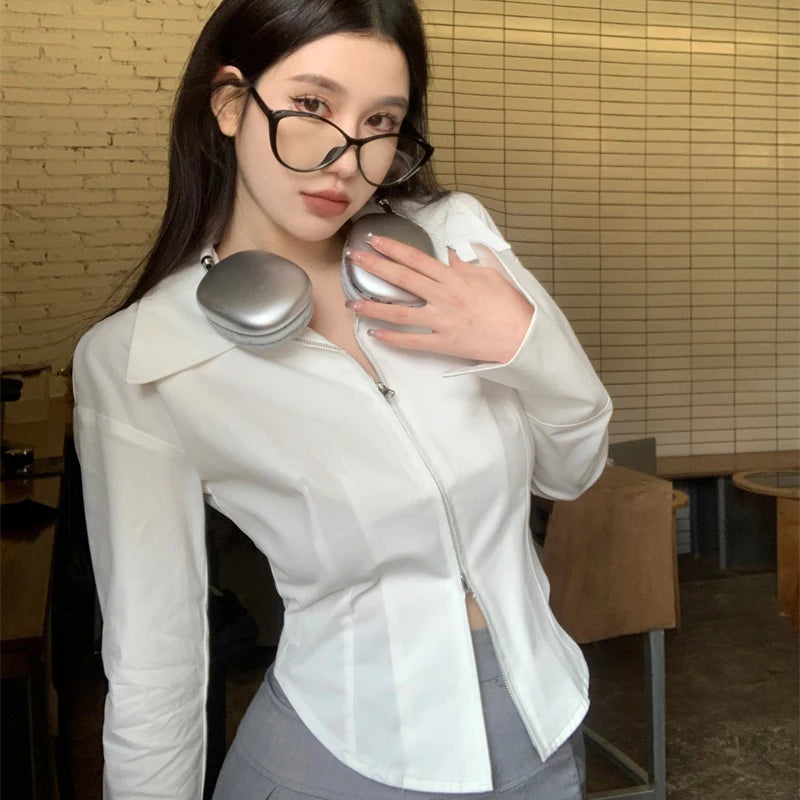 CITSLX Y2k Zippers Women Shirts Korean Sweet White Slim Long Sleeve Female Blouse Autumn New Chic Office All Match Ladies Crop Tops