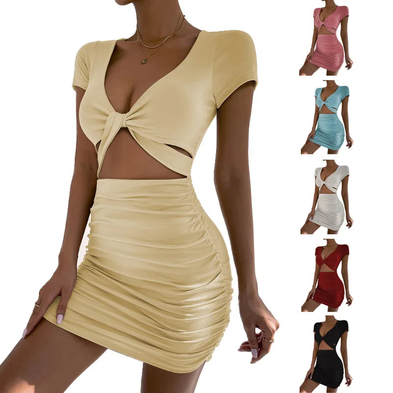 CITSLX Y2k2024 Summer New Short sleeved Sexy V-neck Open Waist Hollow Wrapped Hip Dress