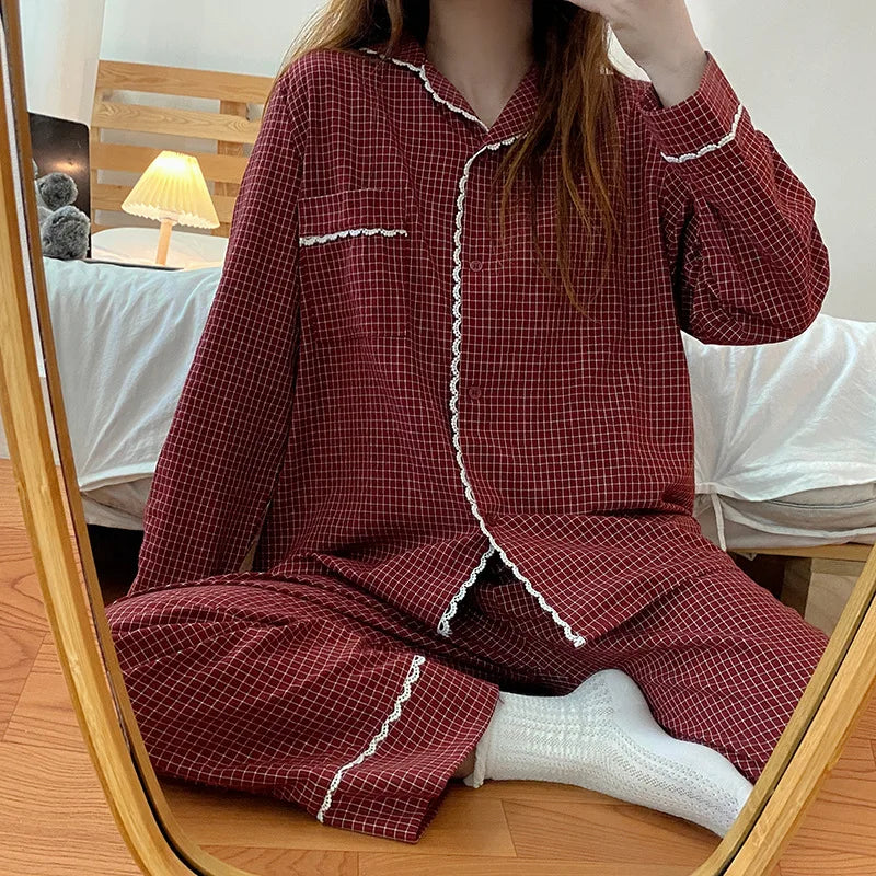 CITSLX Yasuk 2024Spring Autumn Fashion Women's Casual Lovely Plaid Sleepwear Nightgow Retro Pajamas Set With Pants Trouser NewYear Soft