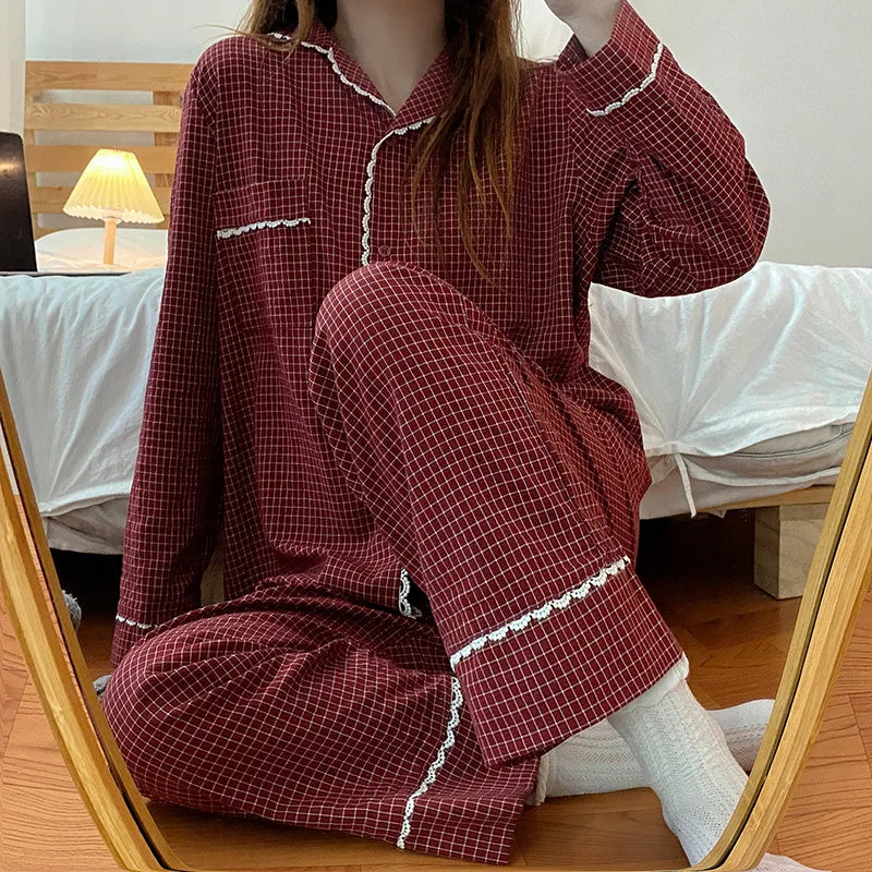 CITSLX Yasuk 2024Spring Autumn Fashion Women's Casual Lovely Plaid Sleepwear Nightgow Retro Pajamas Set With Pants Trouser NewYear Soft