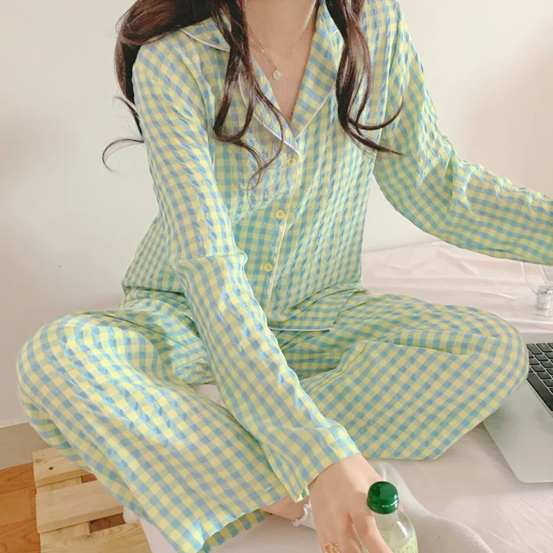 CITSLX Yasuk 2024Spring Autumn Fashion Women's Casual Lovely Plaid Sleepwear Nightgow Retro Pajamas Set With Pants Trouser NewYear Soft