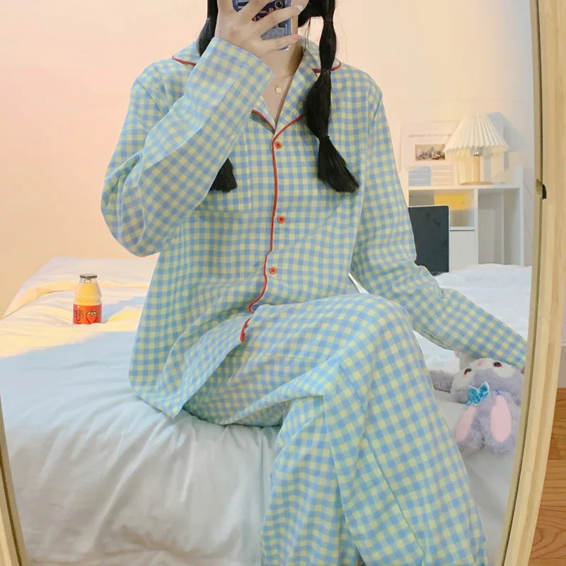 CITSLX Yasuk 2024Spring Autumn Fashion Women's Casual Lovely Plaid Sleepwear Nightgow Retro Pajamas Set With Pants Trouser NewYear Soft