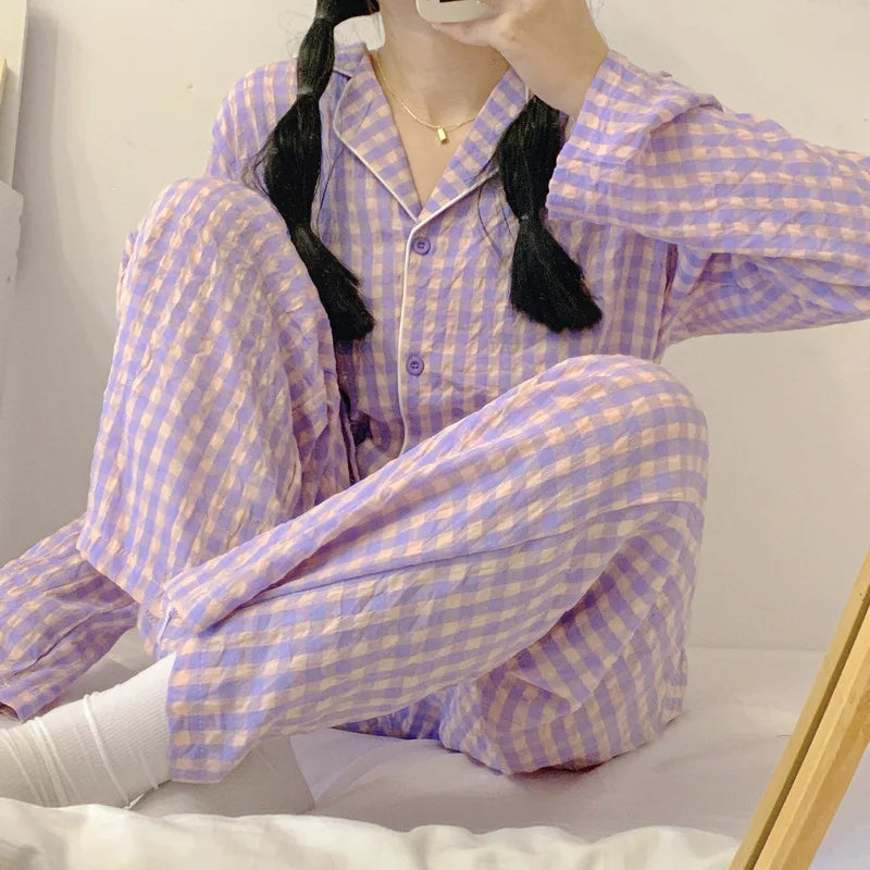 CITSLX Yasuk 2024Spring Autumn Fashion Women's Casual Lovely Plaid Sleepwear Nightgow Retro Pajamas Set With Pants Trouser NewYear Soft