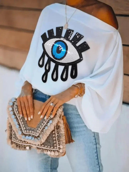 CITSLX Yeezzi Female Fashion Causal Blue Eye Applique Cool Shoulder T-Shirts 2024 New Loose Long Puff Sleeves White Tops For Women