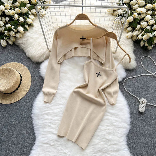 CITSLX YuooMuoo Autumn Women Dress Set Fashion Y2K Knitted Spaghetti Strap Mini Dress + Full Sleeve Crop Top Streetwear Two Piece Suits