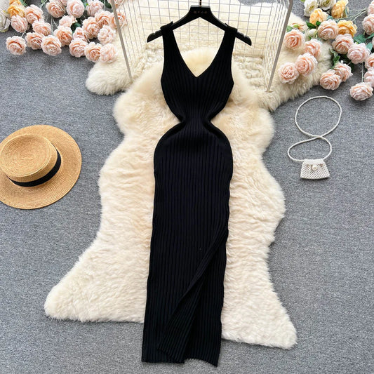 CITSLX YuooMuoo Women Dress Sexy V-neck Slim Elastic Ribbed Knitted One Piece Bodycon Dress Streetwear Lady Vestidos