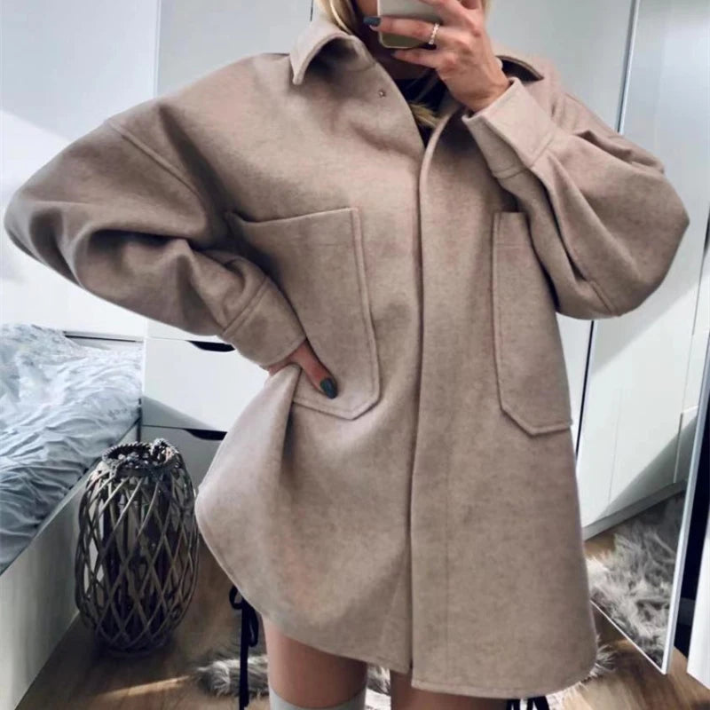 CITSLX ZACK RAIN Casual Woman Camel Loose Pocket Woolen Shirt 2025 Chic Ladies Autumn Long Sleeve Thick Blouse Coat Female Long Outwear