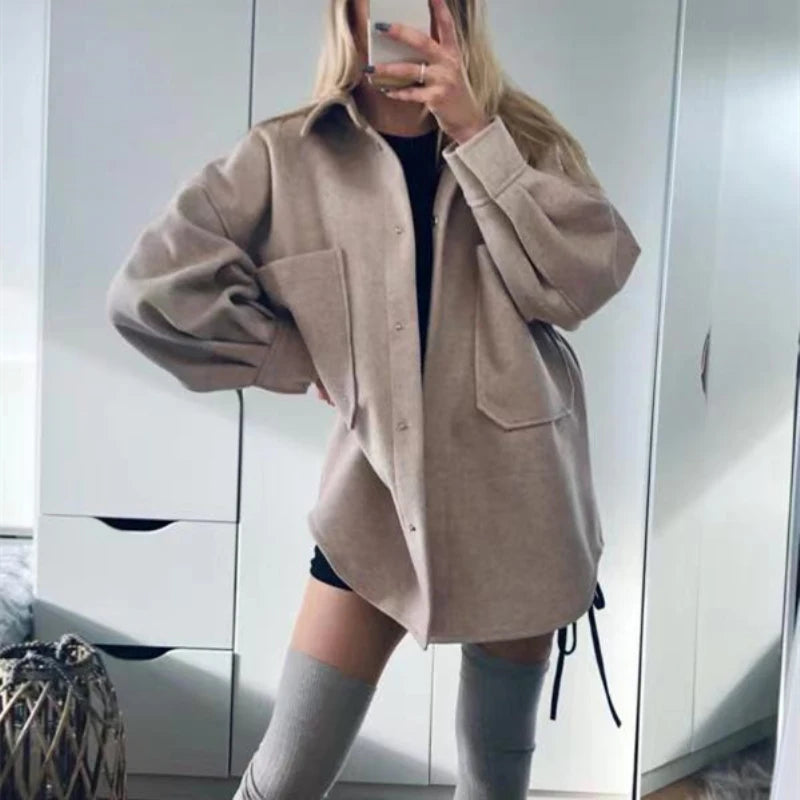 CITSLX ZACK RAIN Casual Woman Camel Loose Pocket Woolen Shirt 2025 Chic Ladies Autumn Long Sleeve Thick Blouse Coat Female Long Outwear