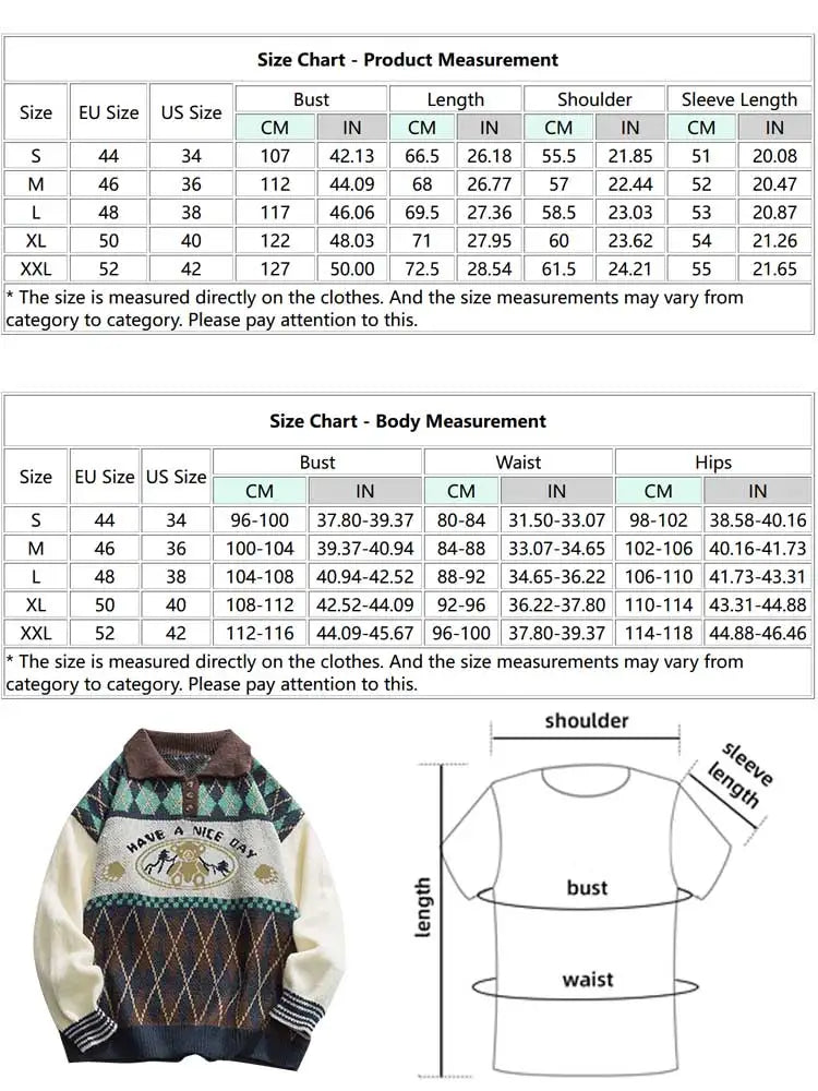 CITSLX ZAFUL Ethnic Sweater for Men Bear Geometric Pattern Button Y2K Sweaters Turn-down Collar Streetwear Pullover Sweat Z5041029