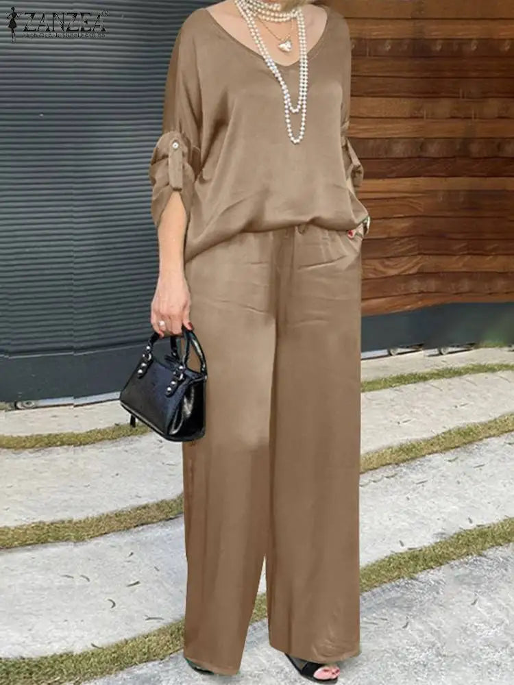 CITSLX ZANZEA 2024 Autumn Tracksuits Fashion OL Work Suit Spring Women Matching Sets Long Sleeve Blouse Casual Loose Wide Leg Pant Sets