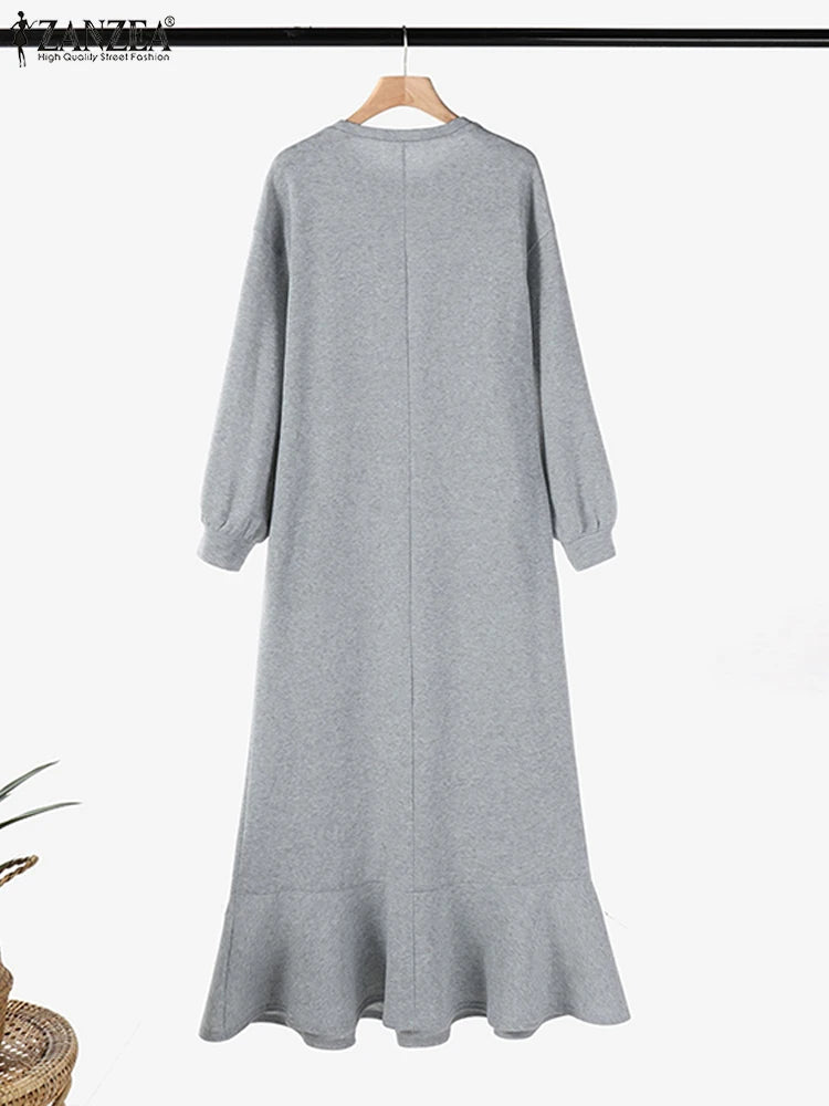 CITSLX ZANZEA Drop-shoulder Women Maxi Dress O Neck Loose Casual 2025 Fall Ruffled Hem Sweatshirt Dress Solid Lantern Sleeve Vestidos