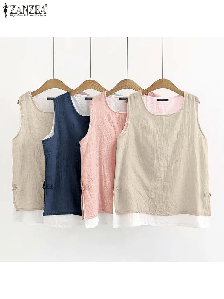 CITSLX ZANZEA Women Summer Double Layer Tanks Fashion Sleeveless O-neck Tops Holiday Beach Tunics Casual Loose Side Slits Solid Blouse