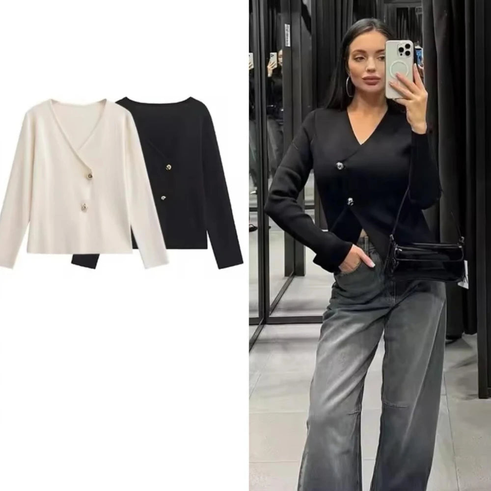 CITSLX ZBZA Women Asymmetric Knit Cardigan V-neck Long-sleeved Gold Two-button Casual Solid Cropped Blazer Fall Winter New Chic Sweater