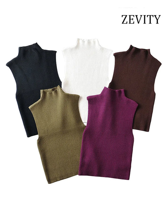 CITSLX ZEVITY Women Fashion Fitted Basic Ribbed Knit Tank Tops Vintage High Neck Sleeveless Female Camis Chic Vest Top Mujer LS5257