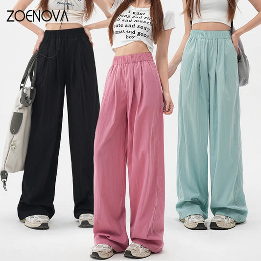 CITSLX ZOENOVA Harajuku Street Fashion Women's Ice Silk Thin Casual Trousers 2024 Summer New Elastic High Waist Straight Wide Leg Pants