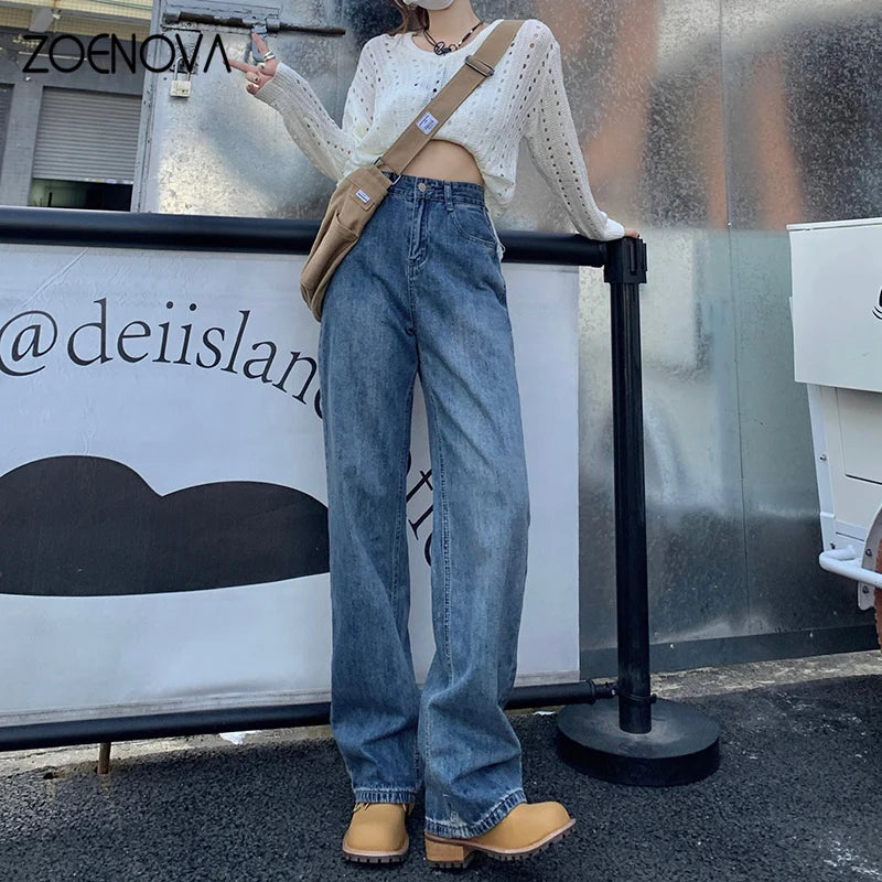 CITSLX ZOENOVA Harajuku Streetwear Retro Fashion Women High Waist Jeans Loose Wide Leg Straight Loose Denim Trousers Y2K Baggy Pants