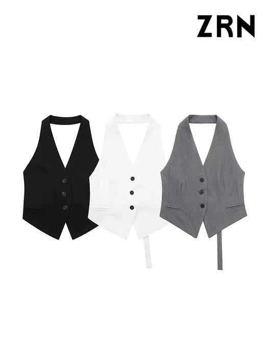 CITSLX ZRN Women Fashion Backless Halter Neck Waistcoat Sexy Sleeveless Button-up Female Outerwear Chic Vest Tops