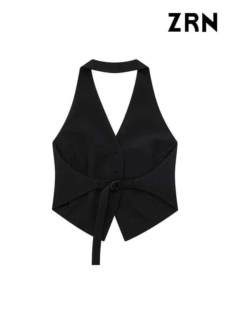 CITSLX ZRN Women Fashion Backless Halter Neck Waistcoat Sexy Sleeveless Button-up Female Outerwear Chic Vest Tops