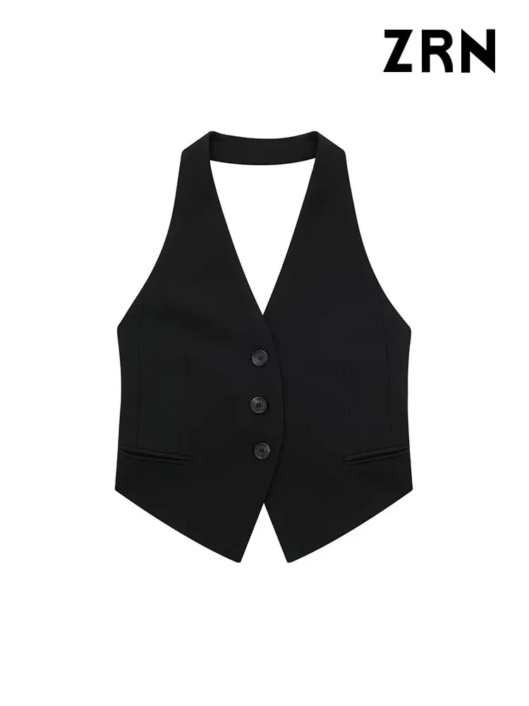 CITSLX ZRN Women Fashion Backless Halter Neck Waistcoat Sexy Sleeveless Button-up Female Outerwear Chic Vest Tops