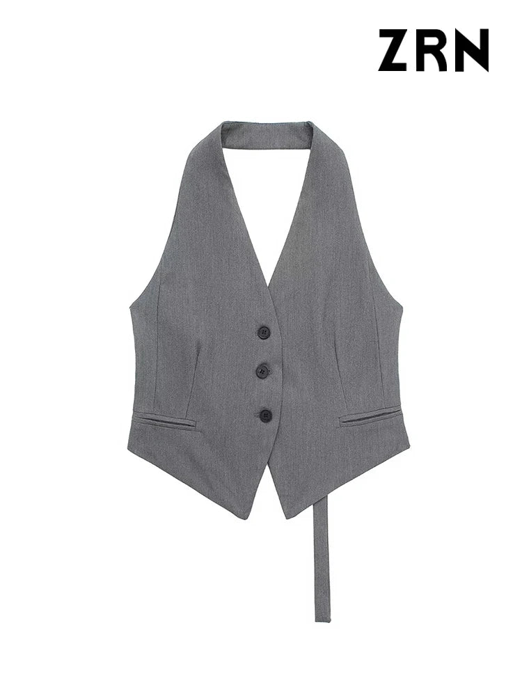 CITSLX ZRN Women Fashion Backless Halter Neck Waistcoat Sexy Sleeveless Button-up Female Outerwear Chic Vest Tops