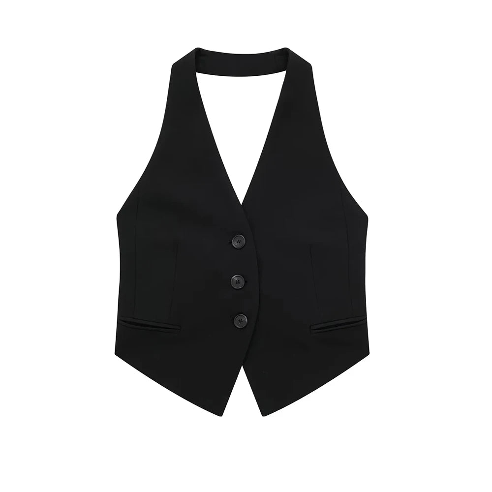 CITSLX ZRN Women Fashion Backless Halter Neck Waistcoat Sexy Sleeveless Button-up Female Outerwear Chic Vest Tops